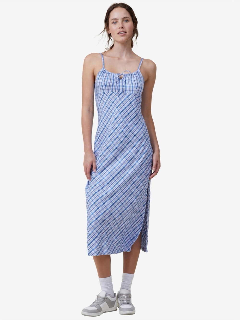 Cotton On Blue & White Check Tie-Front Midi Dress Size M 100%Viscose
